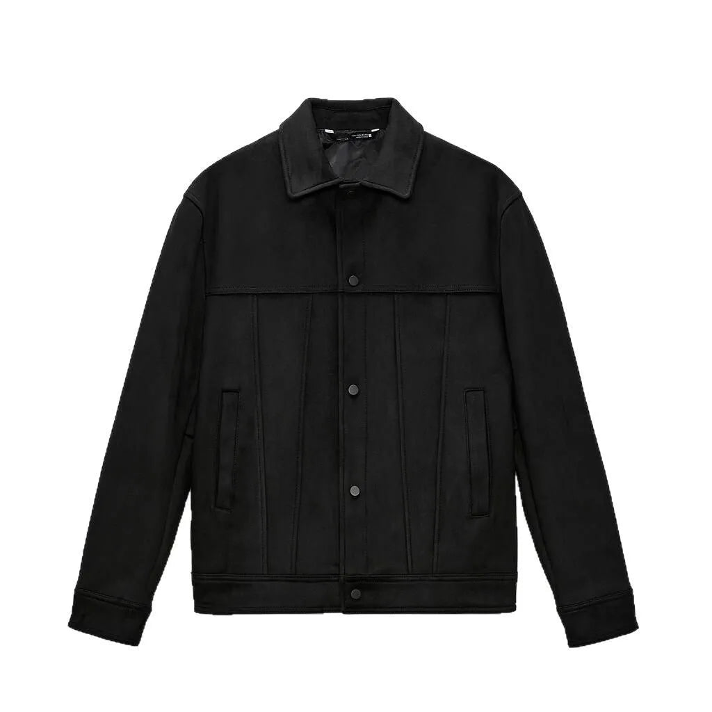 Black men's hooded jacket with a suede collar and side pockets.