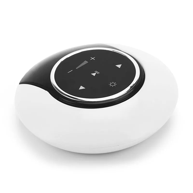 Blue and white Bluetooth speaker with integrated LED lamp showing touch controls and folding design