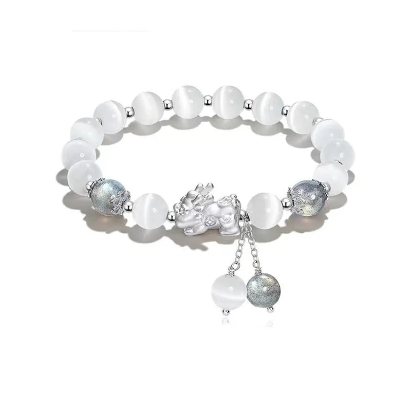 Natural black agate and grey opal couple bracelet set with 10mm wave beads and money painting elements