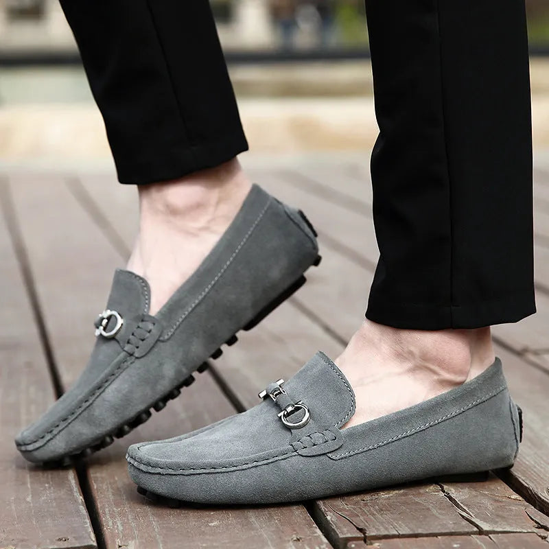 Men's Korean style square toe slip-on shoes in matte cowhide leather available in black, blue and grey colours