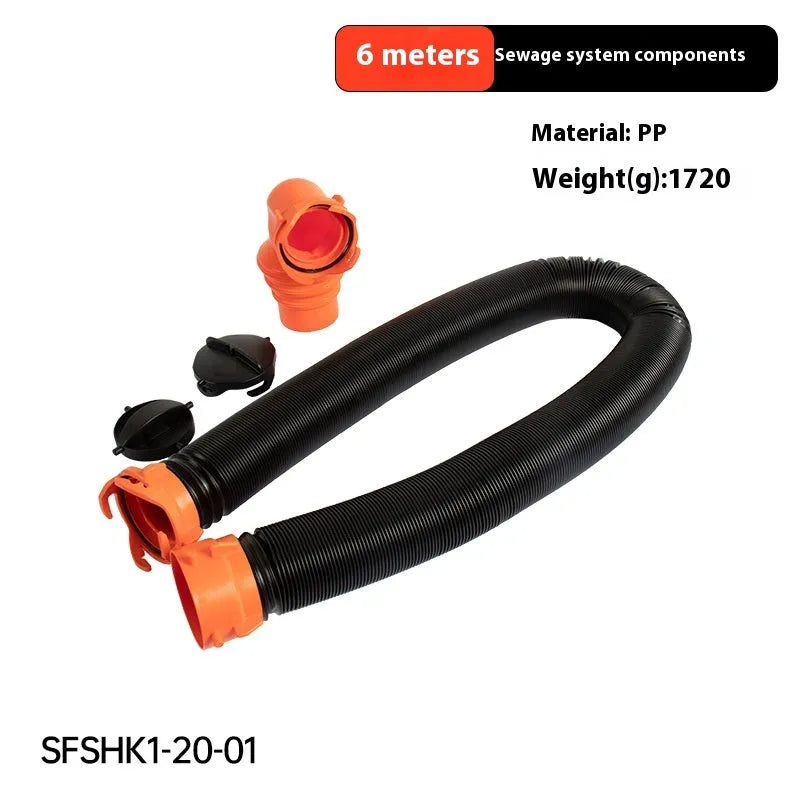 Brown 90-degree rotary elbow joint for sewage hose connected to a long polypropylene pipe.
