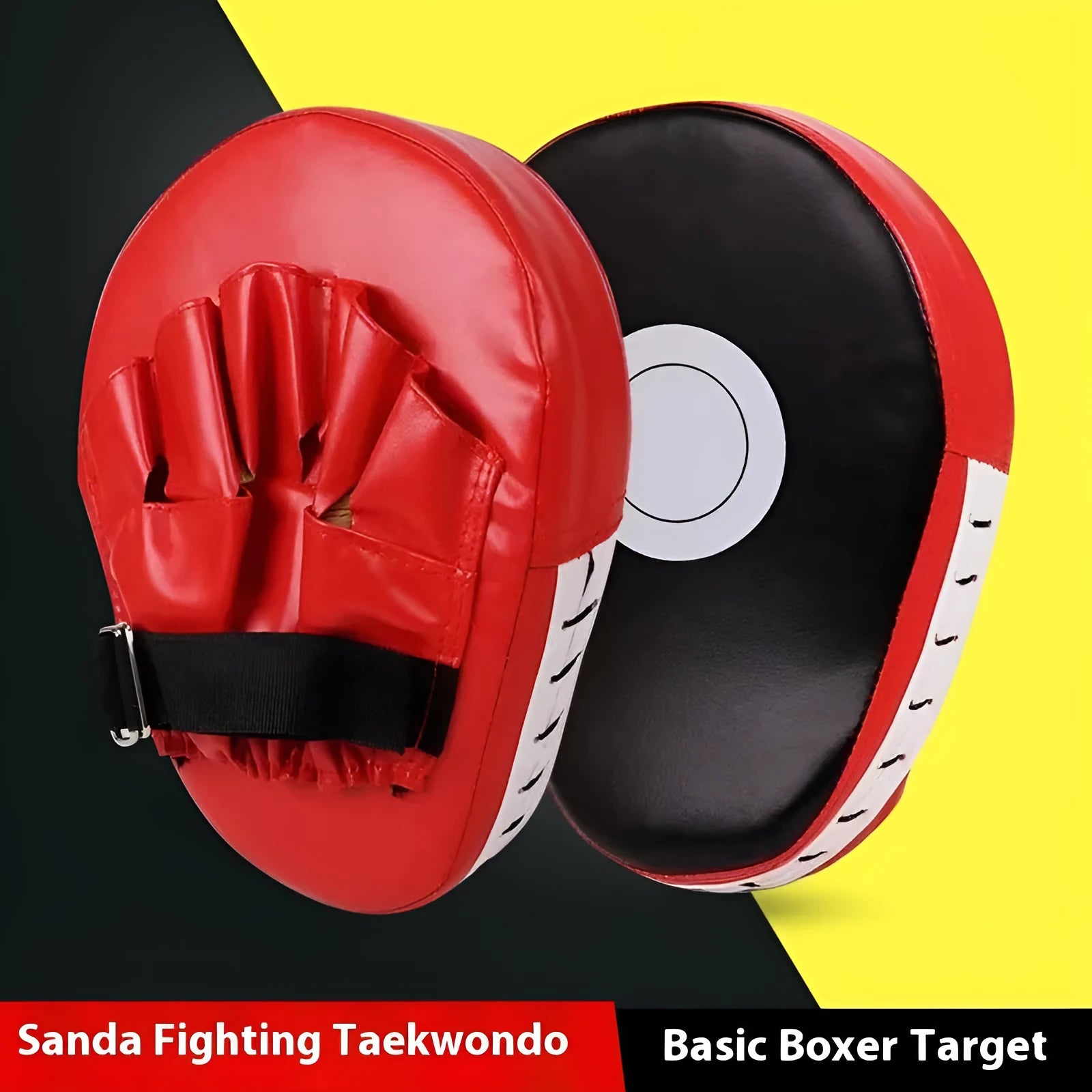 PU leather boxing punch mitts for martial arts training in red, black, blue, and yellow colour options.