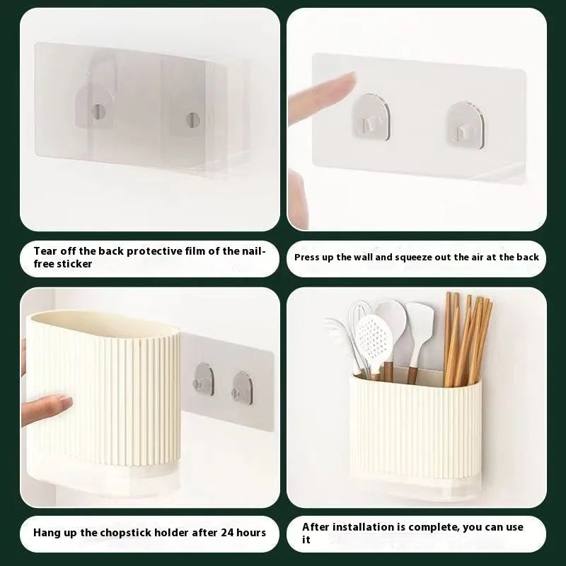 Plastic wall-mounted chopsticks basket with spoon holder in beige, dark green, or orange showing cross-border drainage design