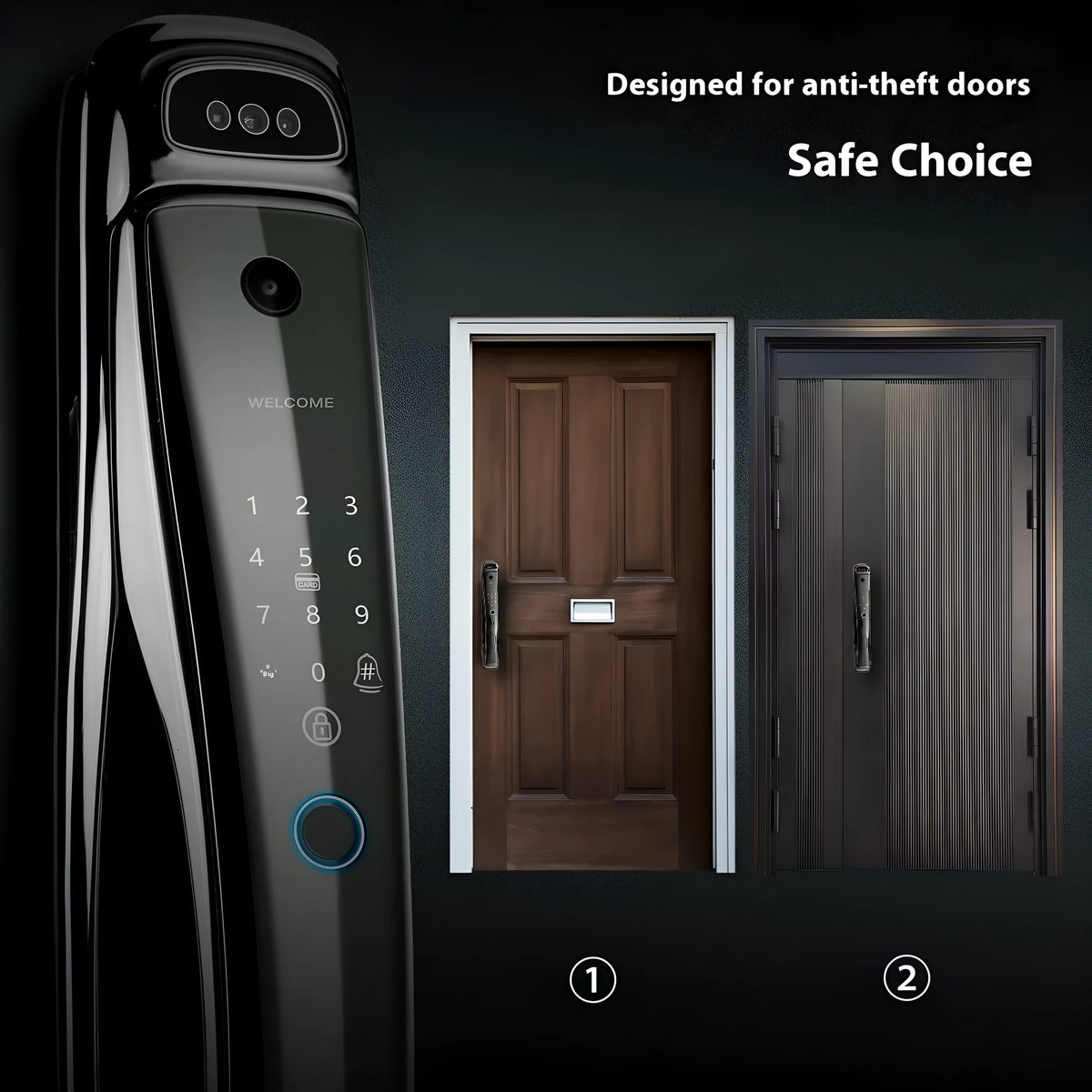 Face recognition intelligent security door lock with WiFi, 6068 lock body, and 4200mAh lithium battery in black finish