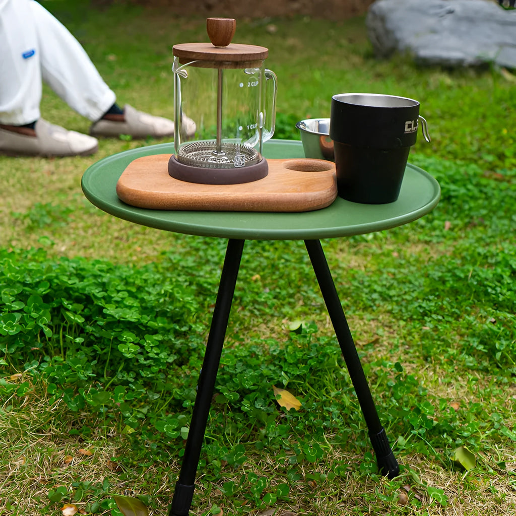 37cm round folding camping table in black or army green with adjustable height 36-57cm and storage net bag
