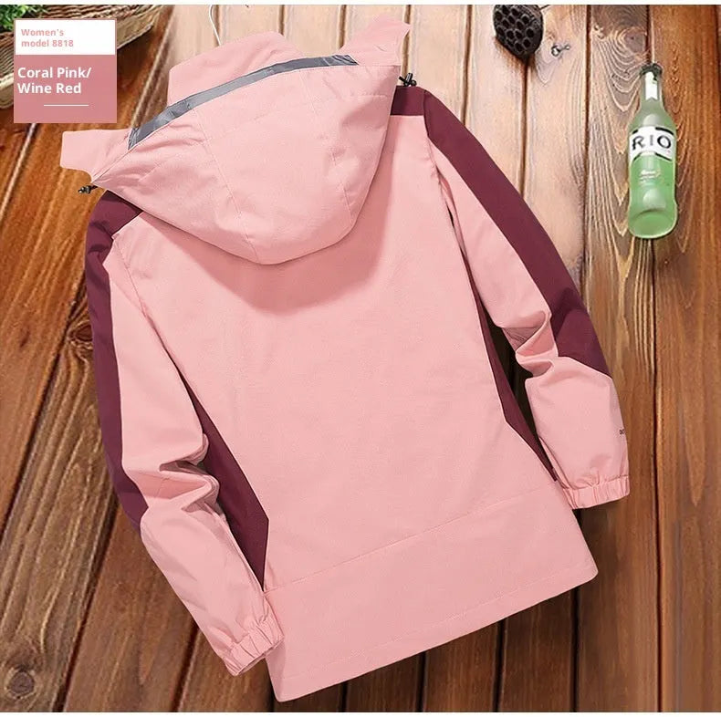 Men's windproof waterproof outdoor windbreaker jacket in grey solid colour polyester fibre for hiking and camping