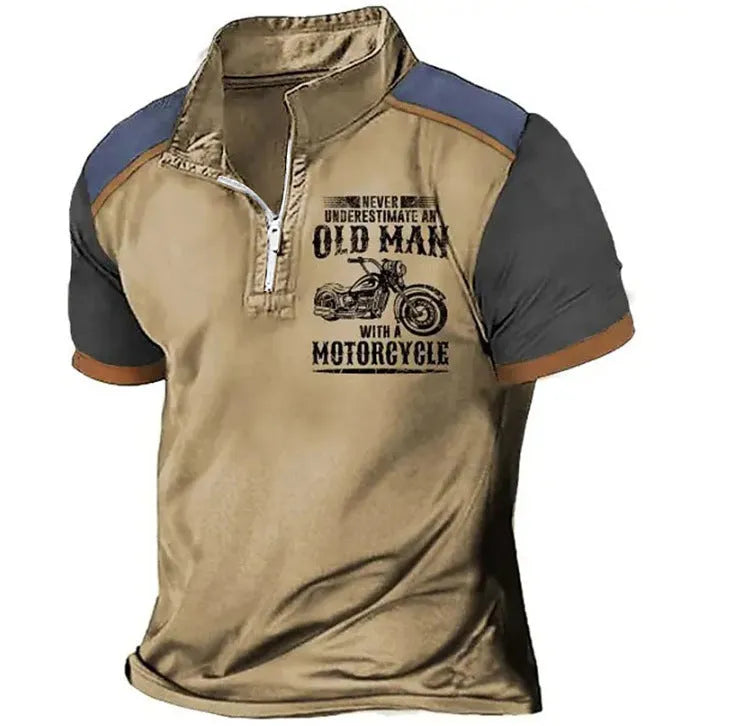 Men's casual short-sleeve polo shirt with digital printing on the lapel and zipper decorative details.