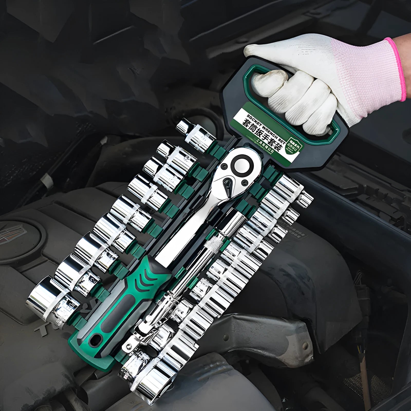Socket casing ratchet wrench set with three metric drive sizes 1/4 3/8 and 1/2 inch on a workbench