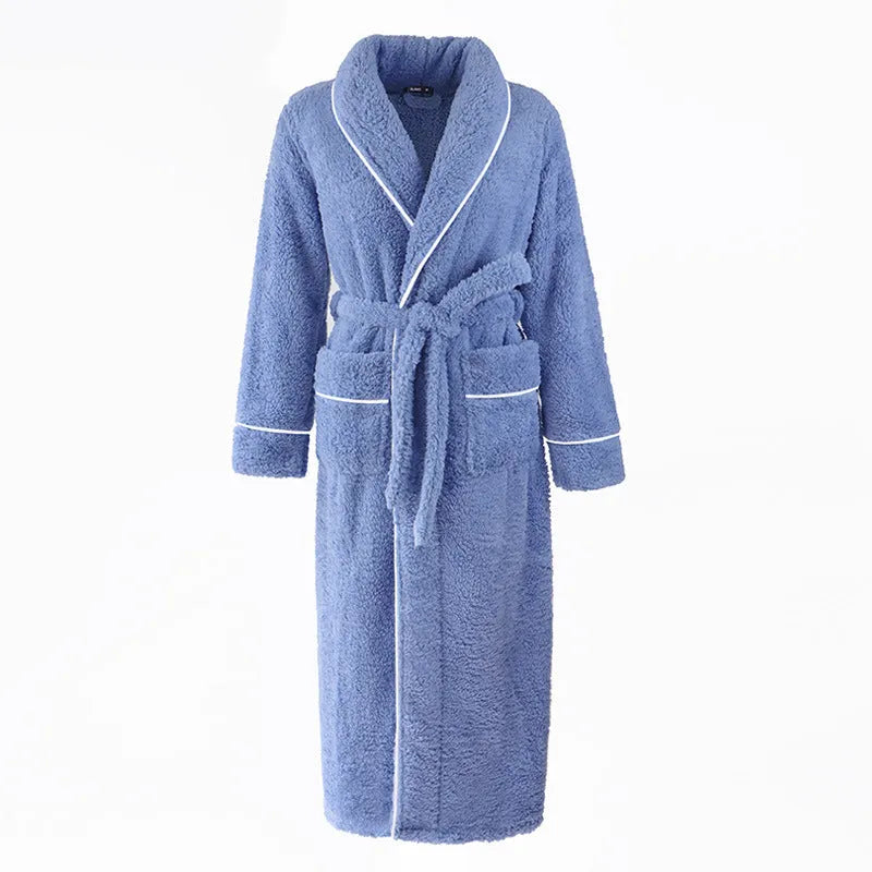 Man and woman wearing matching thick plus size flannel bathrobes in Angola red, winter nightgown pajamas.