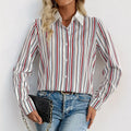 Wine red striped lapel shirt for women with long sleeves and loose fit, full elastic force fabric