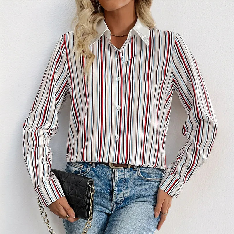 Wine red striped lapel shirt for women with long sleeves and loose fit, full elastic force fabric