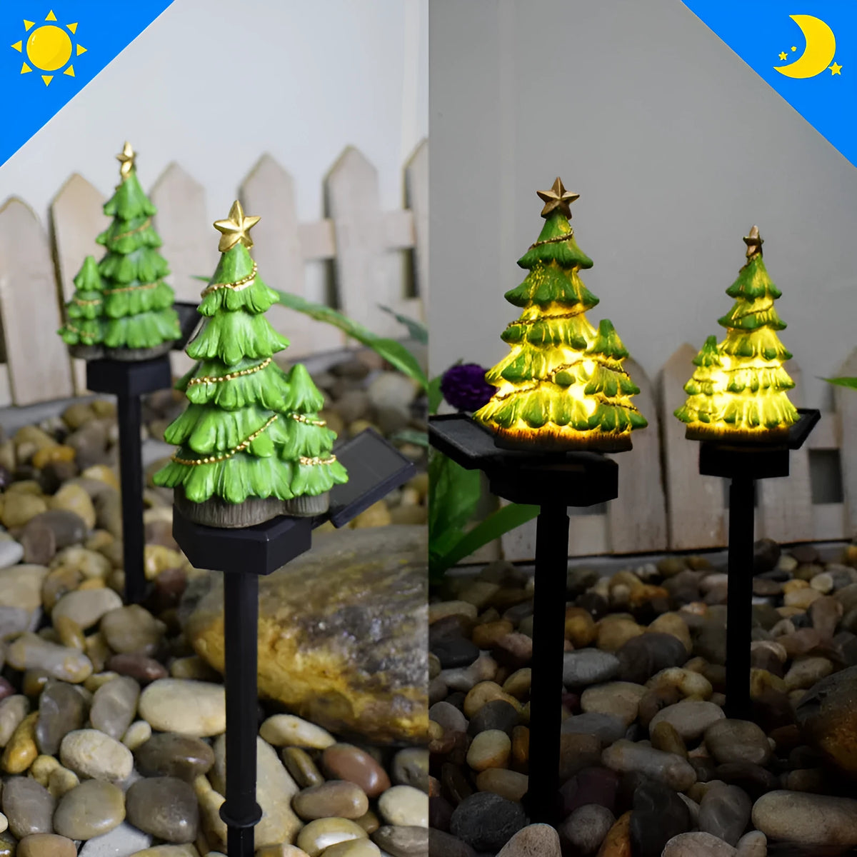 Solar Christmas tree ground plug light with warm white LED, resin body and 40 x 40mm solar panel for outdoor garden use.