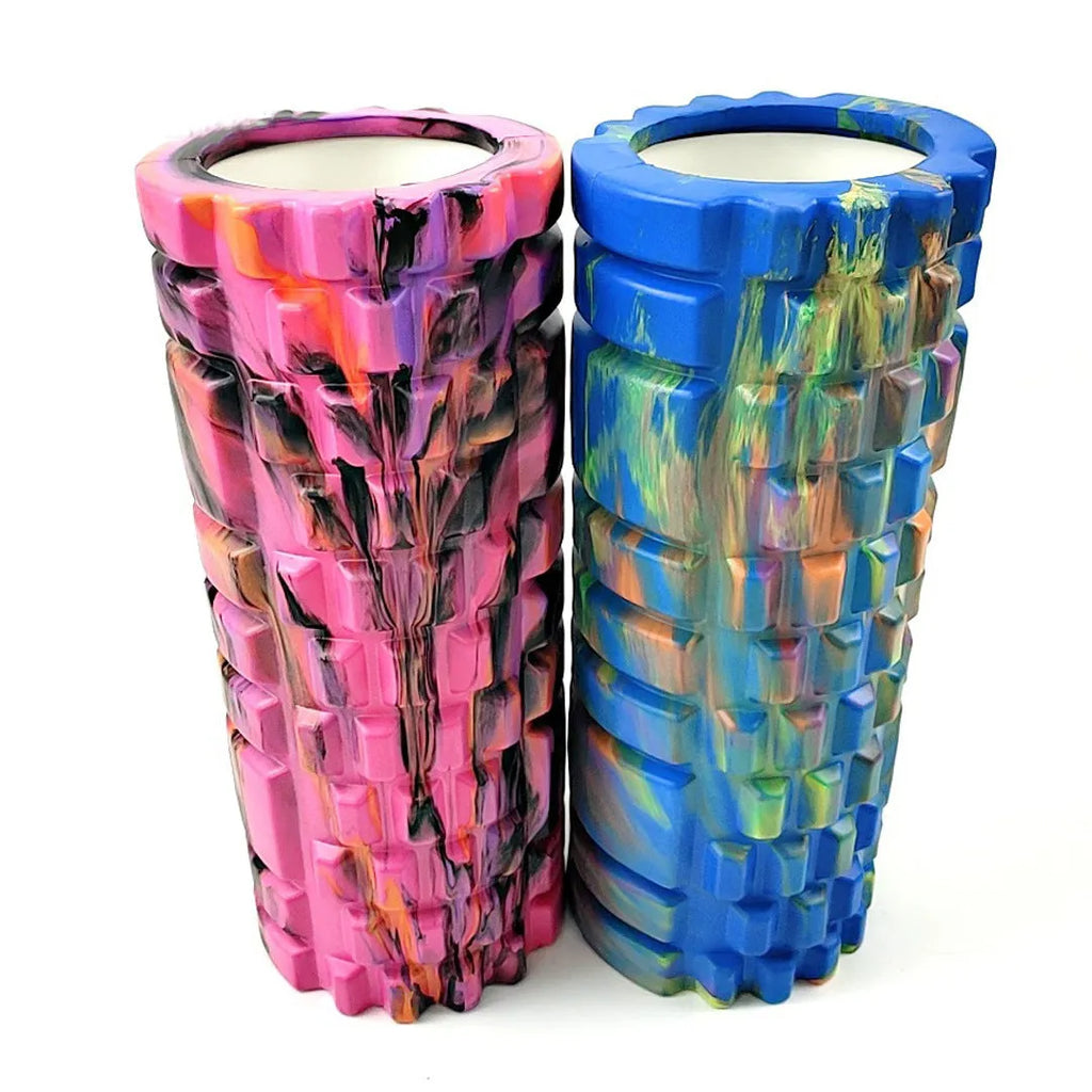 33cm camouflage pattern EVA foam roller showing blue green yellow colour variant