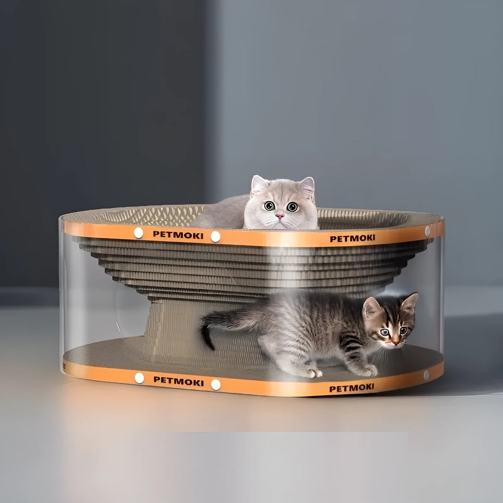 Transparent white PVC cat nest tunnel with integrated corrugated scratch board measuring 58x45x23cm