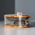 Transparent white PVC cat nest tunnel with integrated corrugated scratch board measuring 58x45x23cm