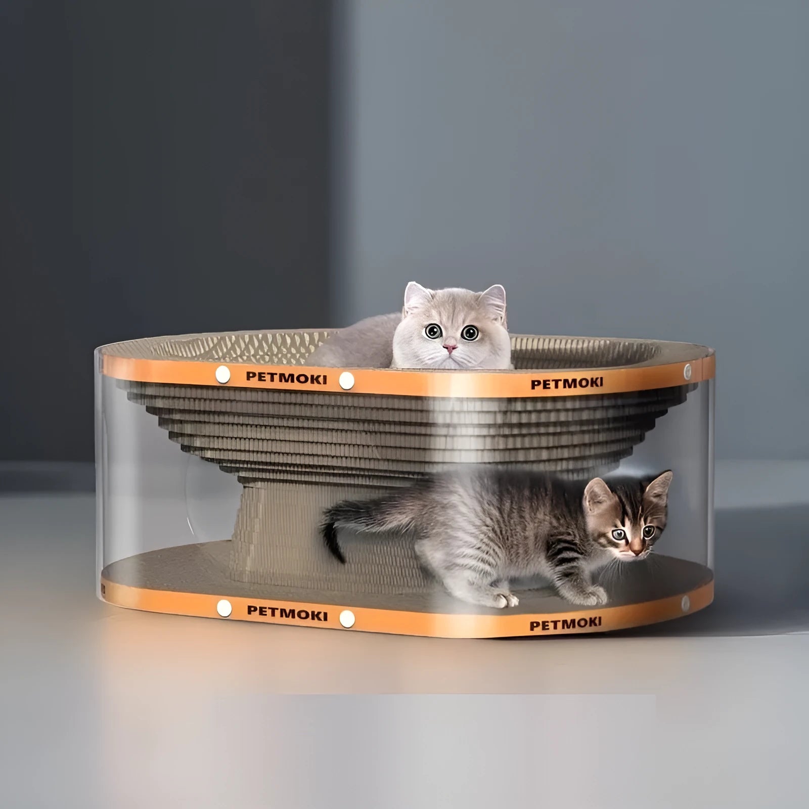 Transparent white PVC cat nest tunnel with integrated corrugated scratch board measuring 58x45x23cm