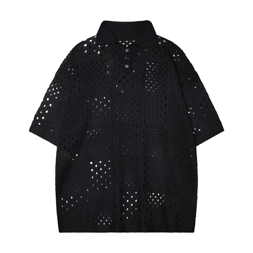Short-sleeved hollow knit polo shirt in black or white, loose fit cardigan style for teenagers