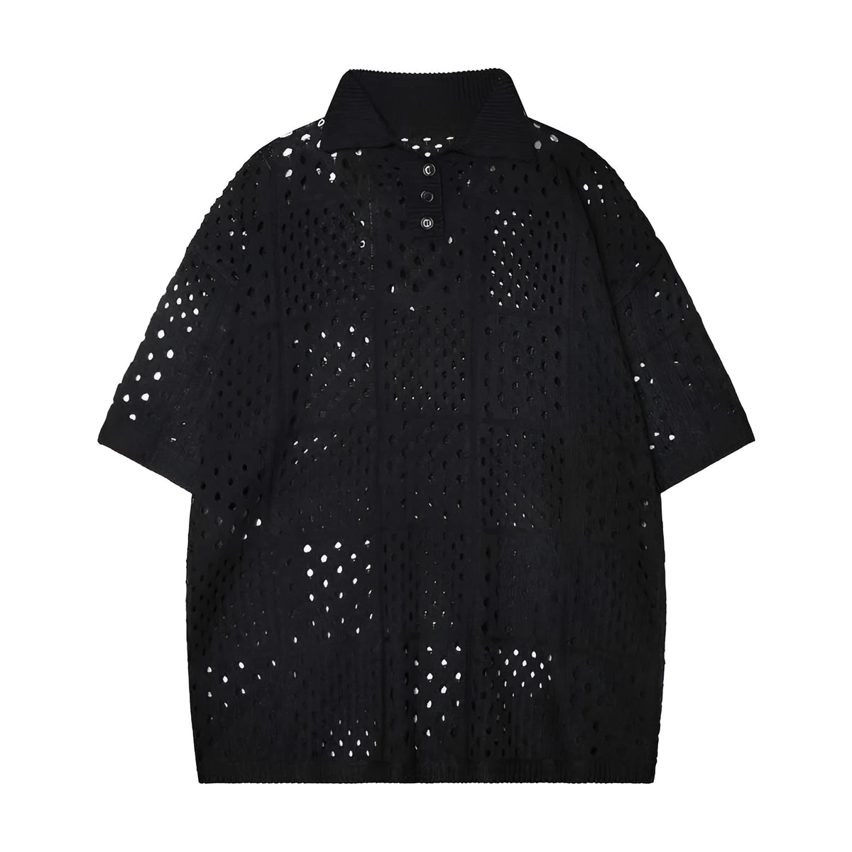 Short-sleeved hollow knit polo shirt in black or white, loose fit cardigan style for teenagers