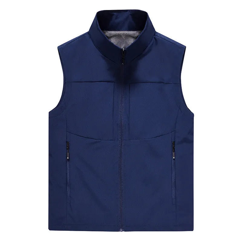 Men's loose-fit outdoor cardigan vest with stand collar and zipper pockets in Army Green colour.