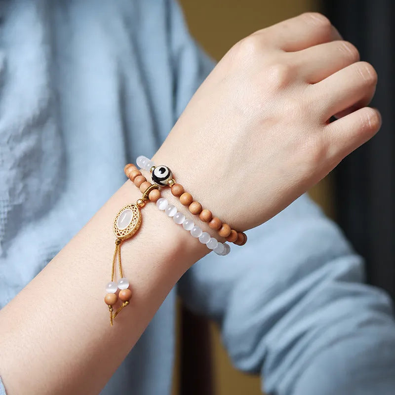 Sandalwood double ring opal women's bracelet with Tibetan beads in retro mixed material design
