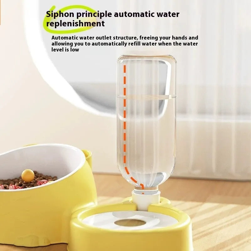 Double bowl automatic pet drinking basin with stainless steel bowls in plastic frame for cats