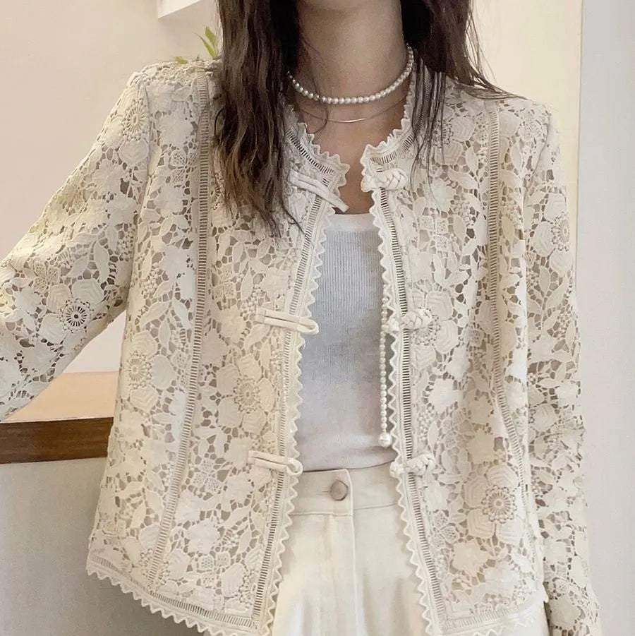 Women's apricot Chinese lace crocheted short coat with long sleeves and slim fit, sizes M to 3XL