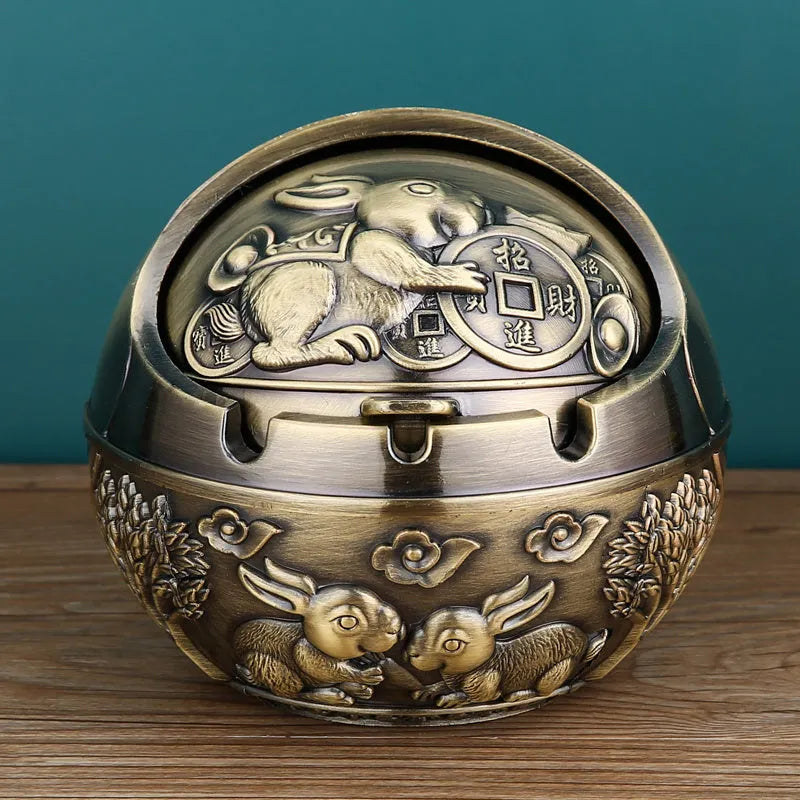 Bronze decorative ashtray with smoke extinguishing slot featuring traditional dragon design