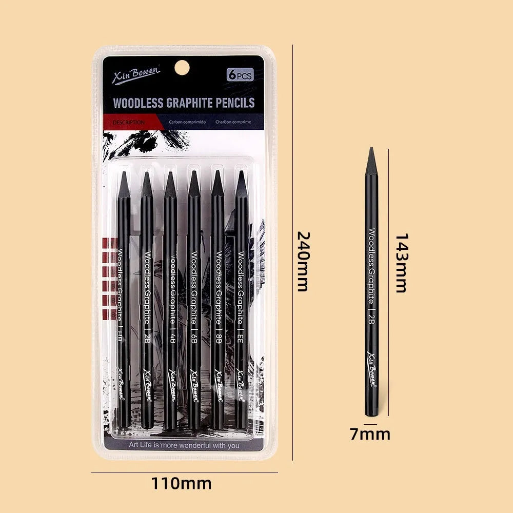 Set of six wood-free graphite sketching pencils with grades HB 2B 4B 6B 8B EE for art drawing