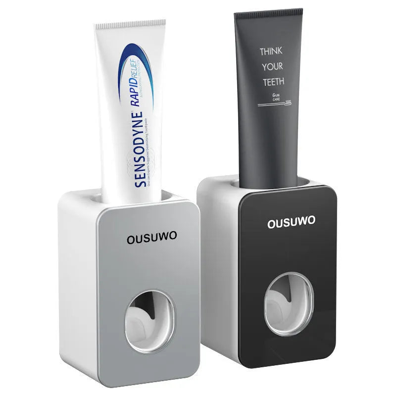 Wall-mounted automatic toothpaste dispenser with punch-free fixing, shown in black, grey, pink, green and white options
