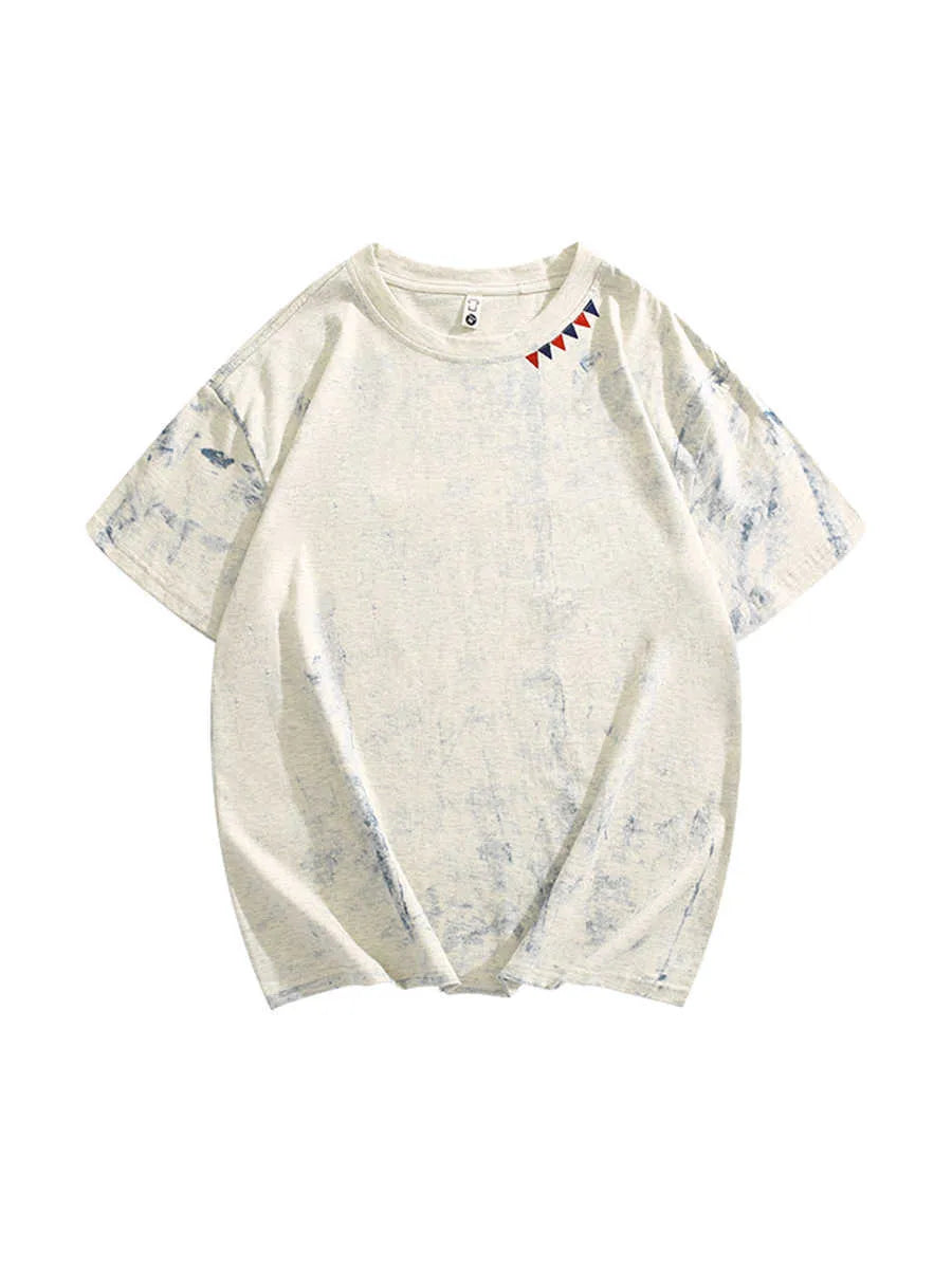 Gray tie dye T-shirt with all-over paint print design, loose fit with short sleeves and round neck