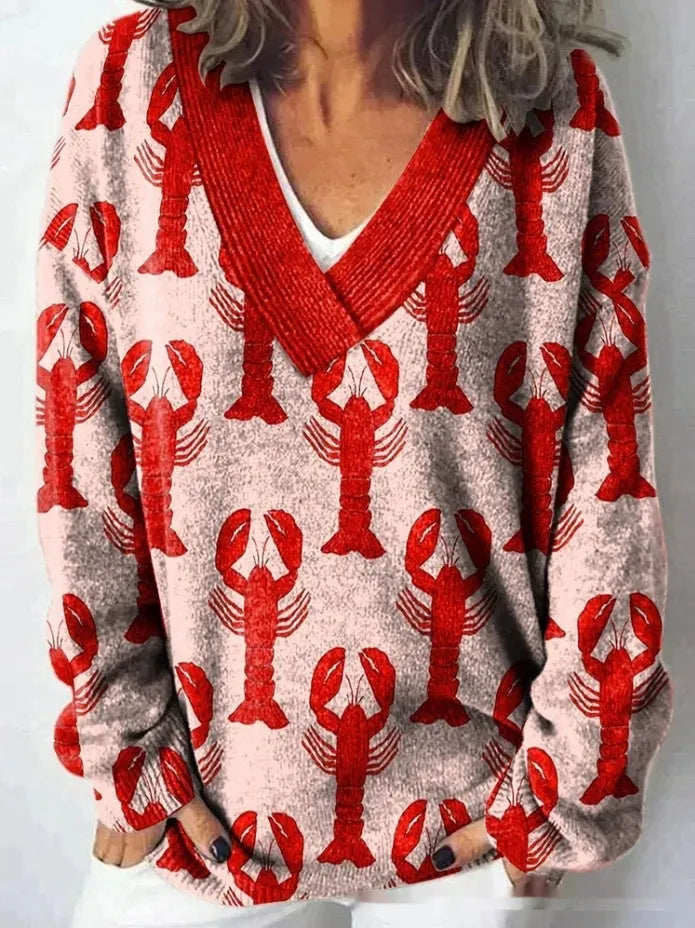 Women's grey V-neck sweatshirt with a white 3D floral pattern print and long sleeves.