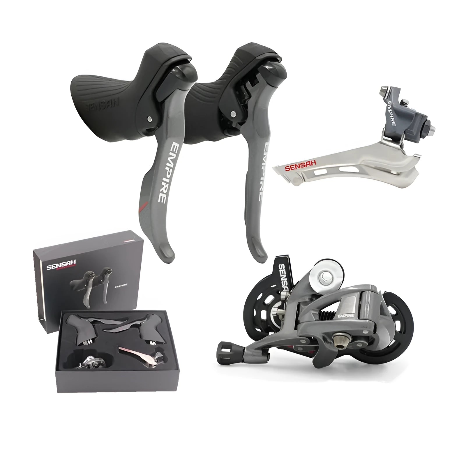 Road bike transmission kit with aluminium manual shift lever, front dial, and short leg rear derailleur.