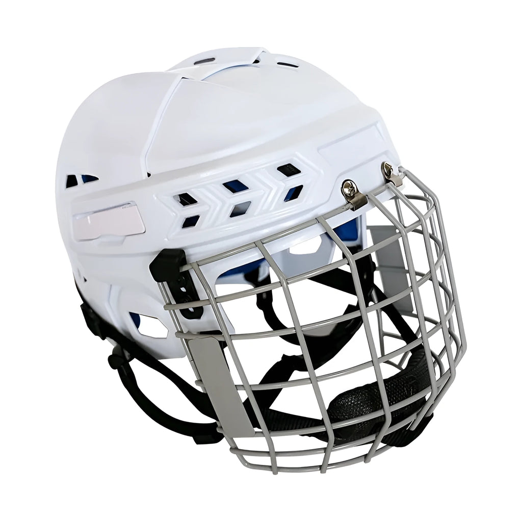 Ice hockey helmet with a carbon steel face mask on a white background, shown in size L.