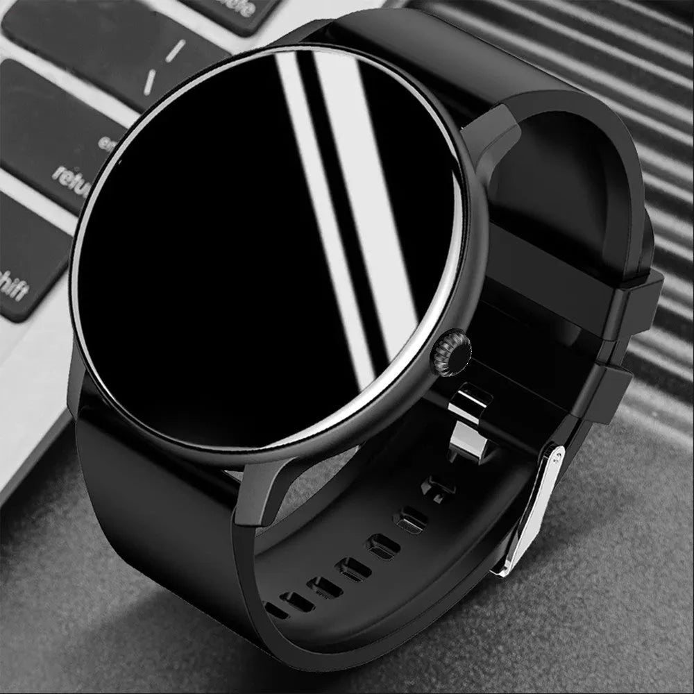 Smart sports watch with blood pressure monitoring on black silicone wristband