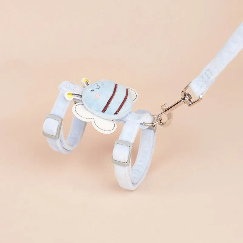 Bee-shaped pink cat harness and matching rope lead on a white background