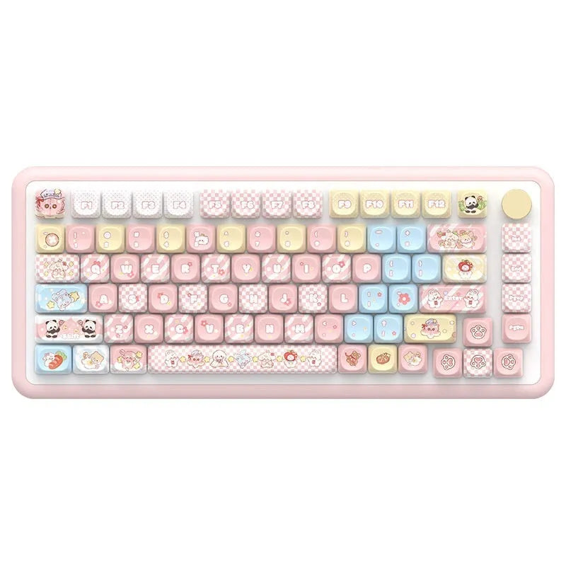 Doll-themed mechanical keyboard keycap set with sublimation printed designs in boxed packaging