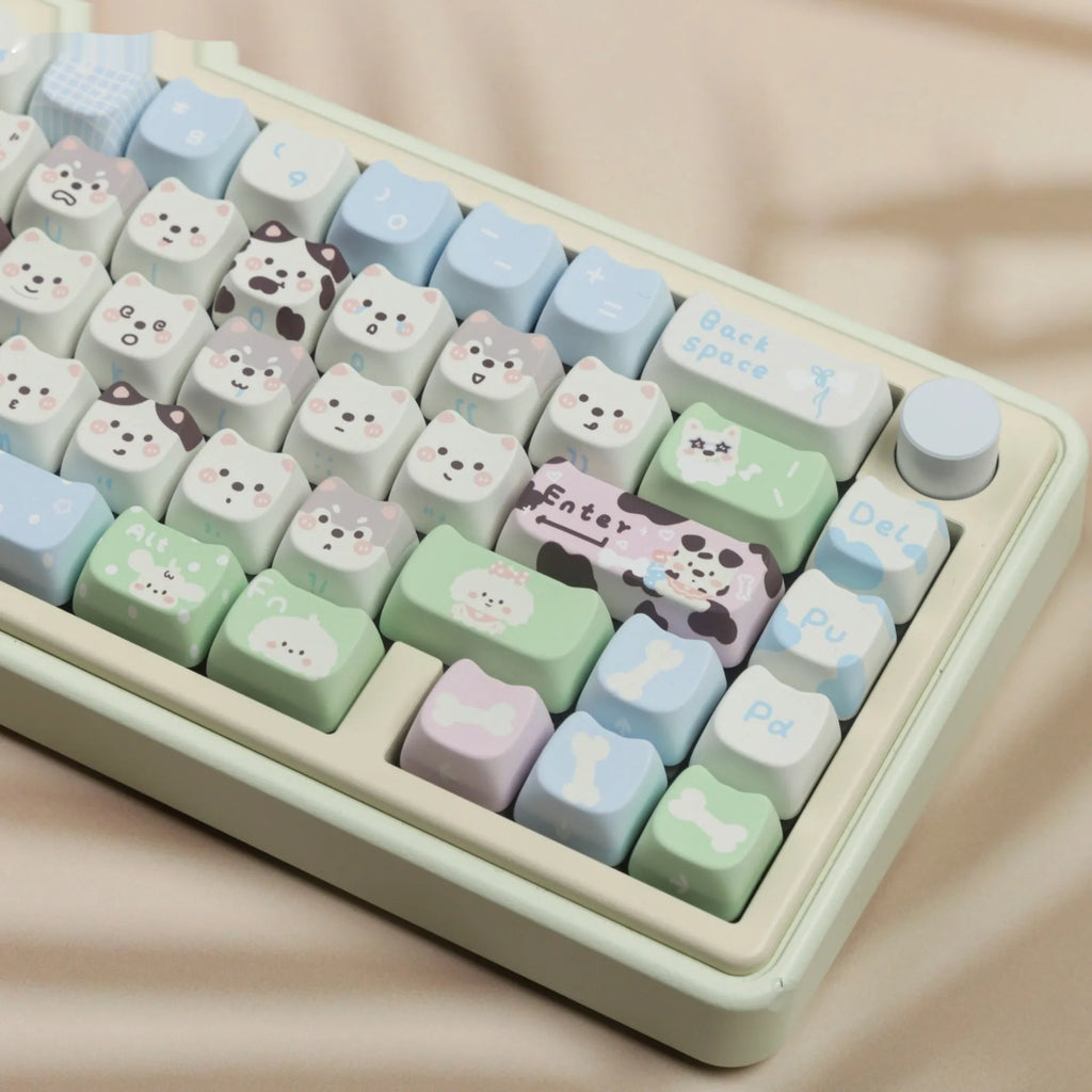PBT key cap set with cat and puppy sublimation design for mechanical keyboards