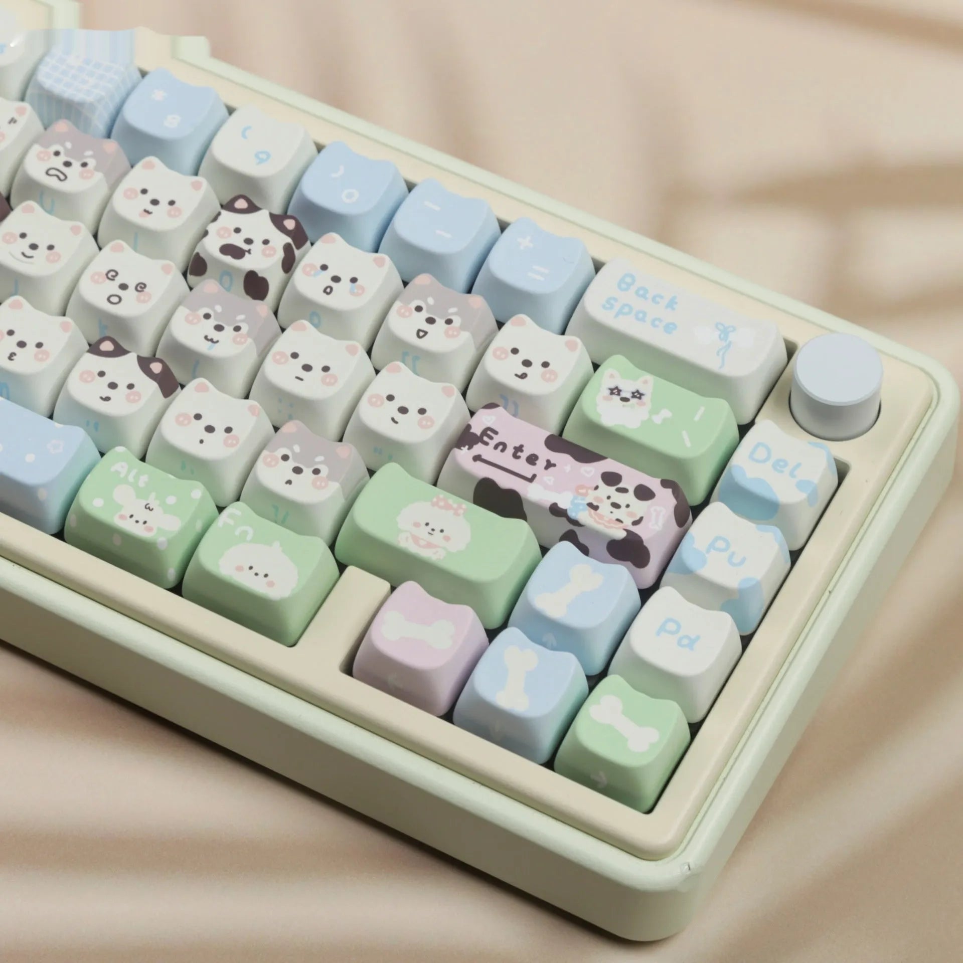 PBT key cap set with cat and puppy sublimation design for mechanical keyboards