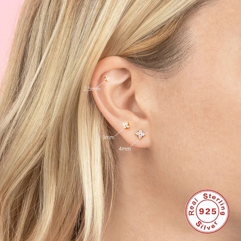 S925 sterling silver stud earrings with petal crystal flowers in golden or platinum plating