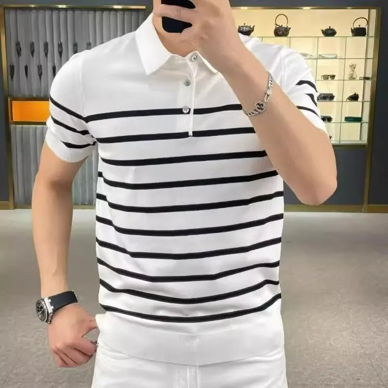 Striped lapel knitted t-shirt in black and white colours showing pullover design with youth popularity styling