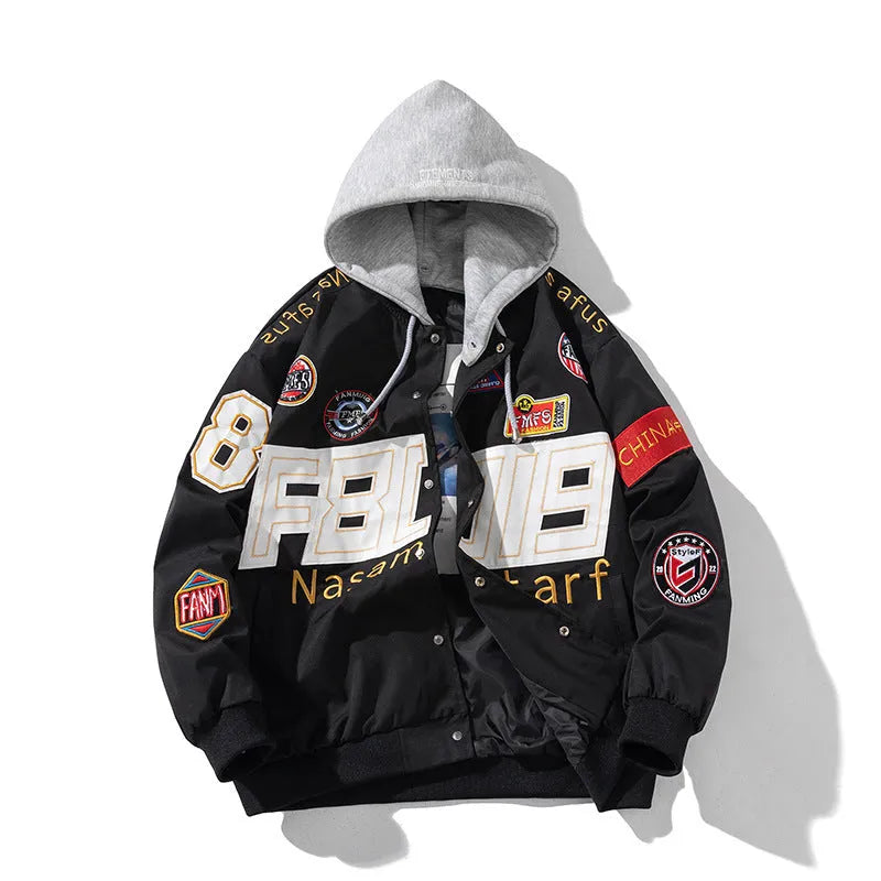 Loose-fit black motorcycle couple baseball jacket with side pockets and a removable hood.