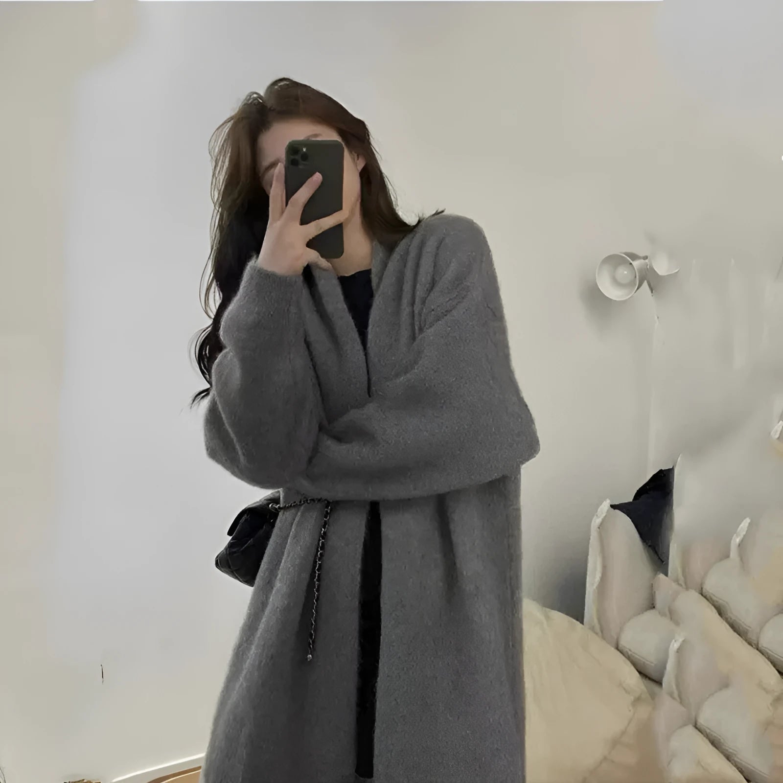 Women's loose large knitted cardigan in thick chenille fabric, shown in dark grey.