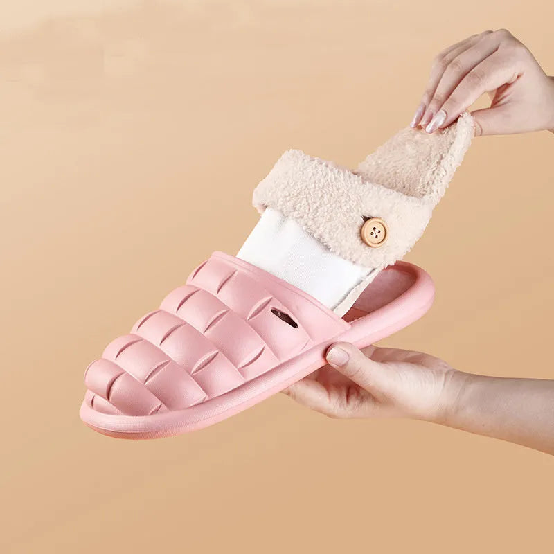 Women's detachable plaid slippers with plush lining and EVA anti-skid sole in multiple colours.