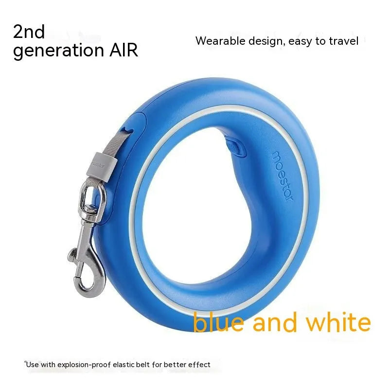 Automatic retractable dog leash with 3 metre rope, acrylic hand unit, leather chest strap, and seven colour options including fluorescent finishes