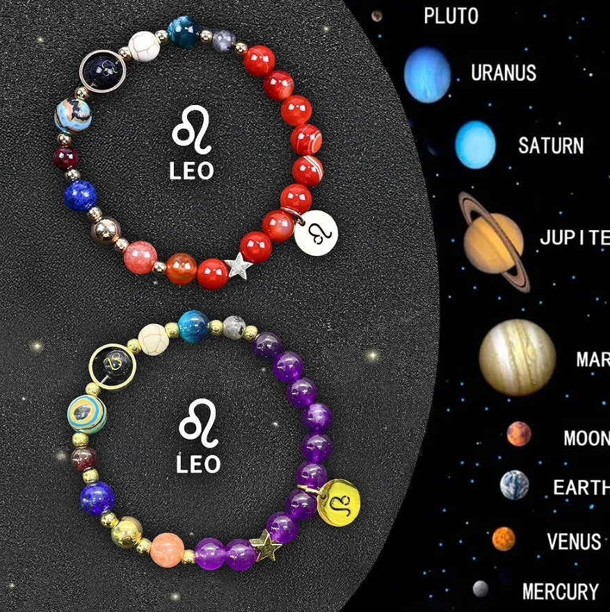 Two natural stone beaded bracelets with zodiac charms on a wrist, showcasing one of twelve astrological sign styles.