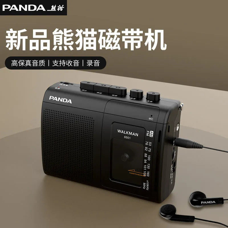 Black 6501 tape Walkman cassette player recorder with FM radio, 124 x 92 x 40mm, with headphones and power cord