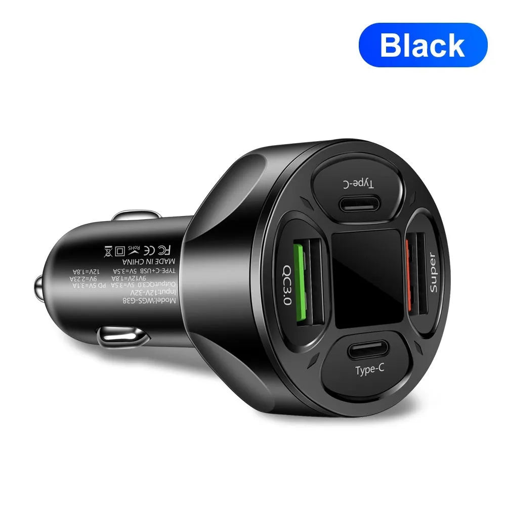 66W black digital display car charger with two USB and two Type-C ports showing voltage readout.