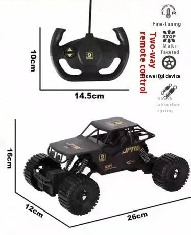 Super large black remote control off-road toy car with electric four-wheel drive and spring rod suspension