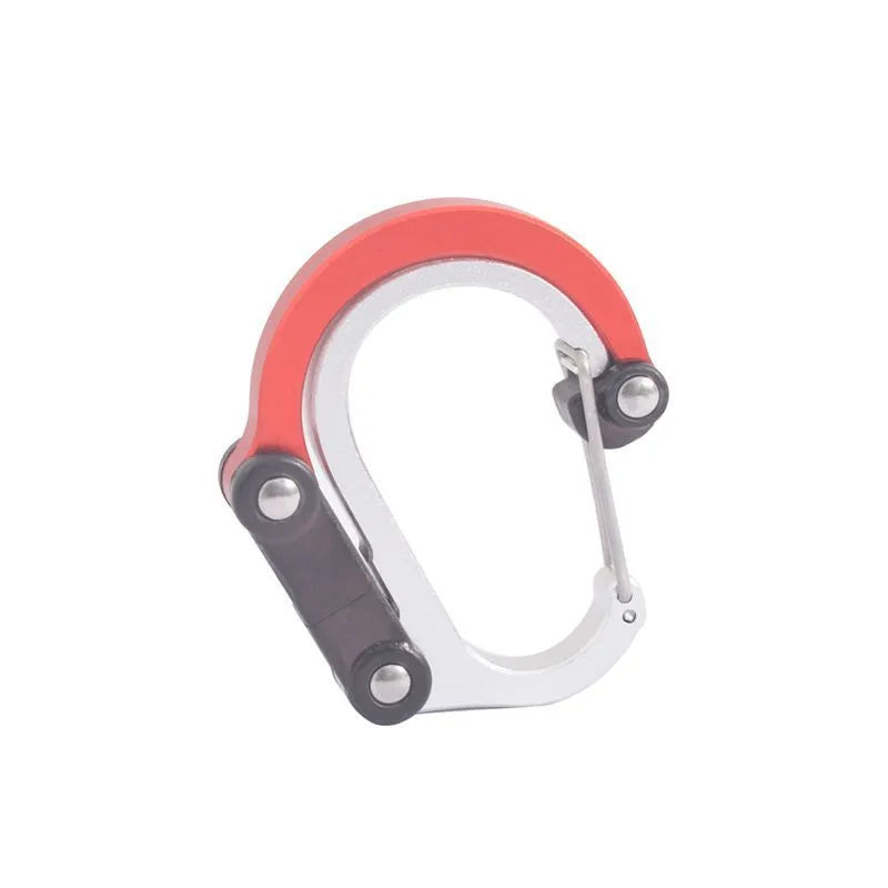 Hybrid gear clip carabiner with rotating foldable hook in black, blue, golden, and red