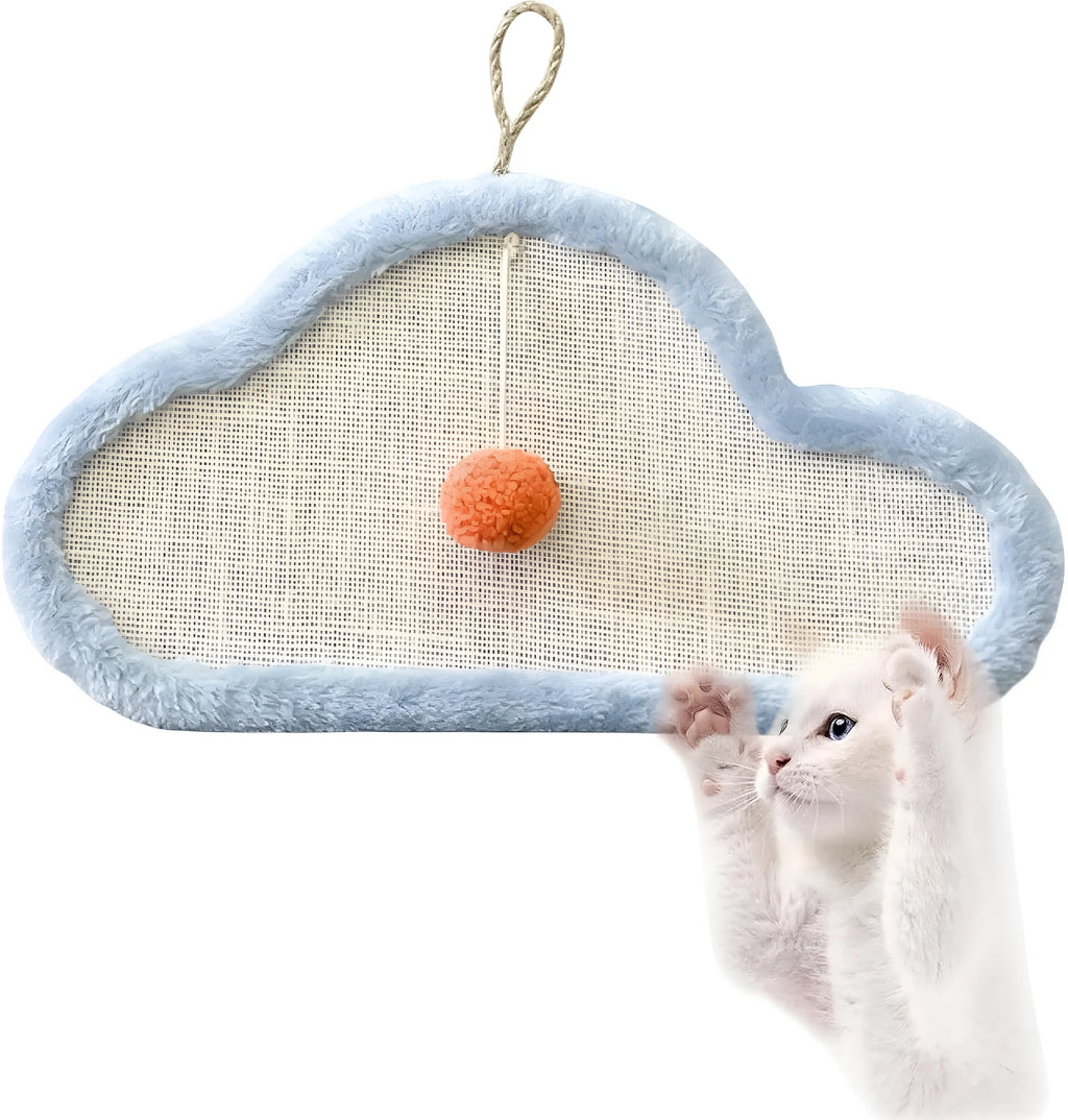 White cat scratching mat with cartoon sleeping cat design made from natural sisal